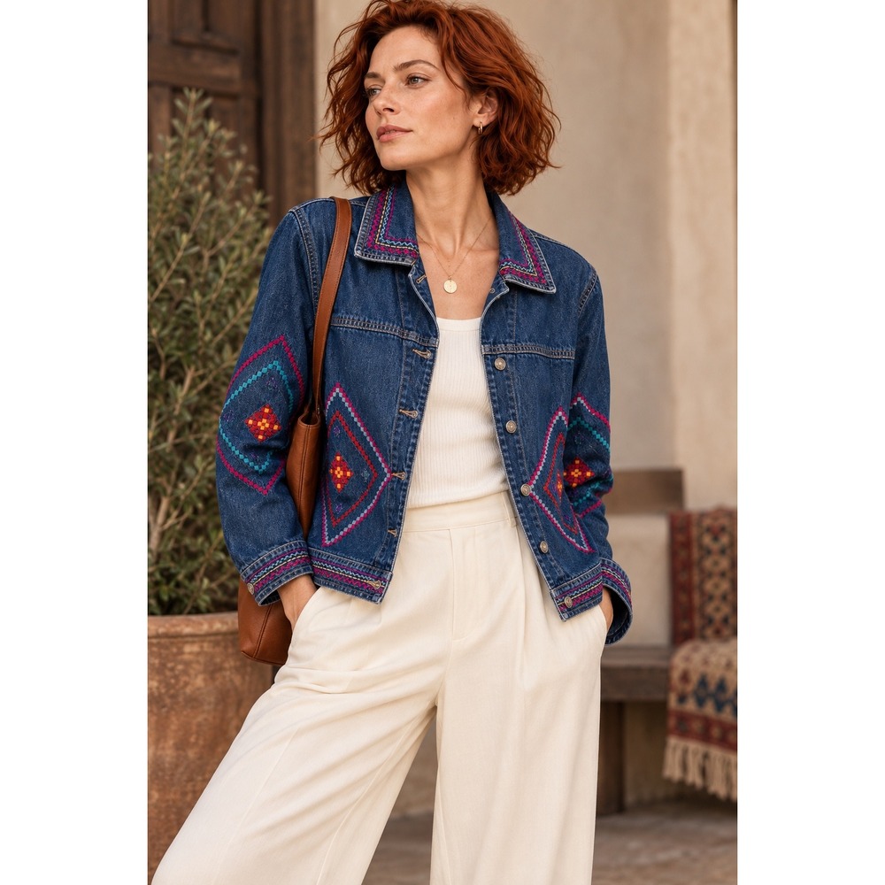 Coldwater Creek M Blue Embroidered Denim Jacket 100% Cotton